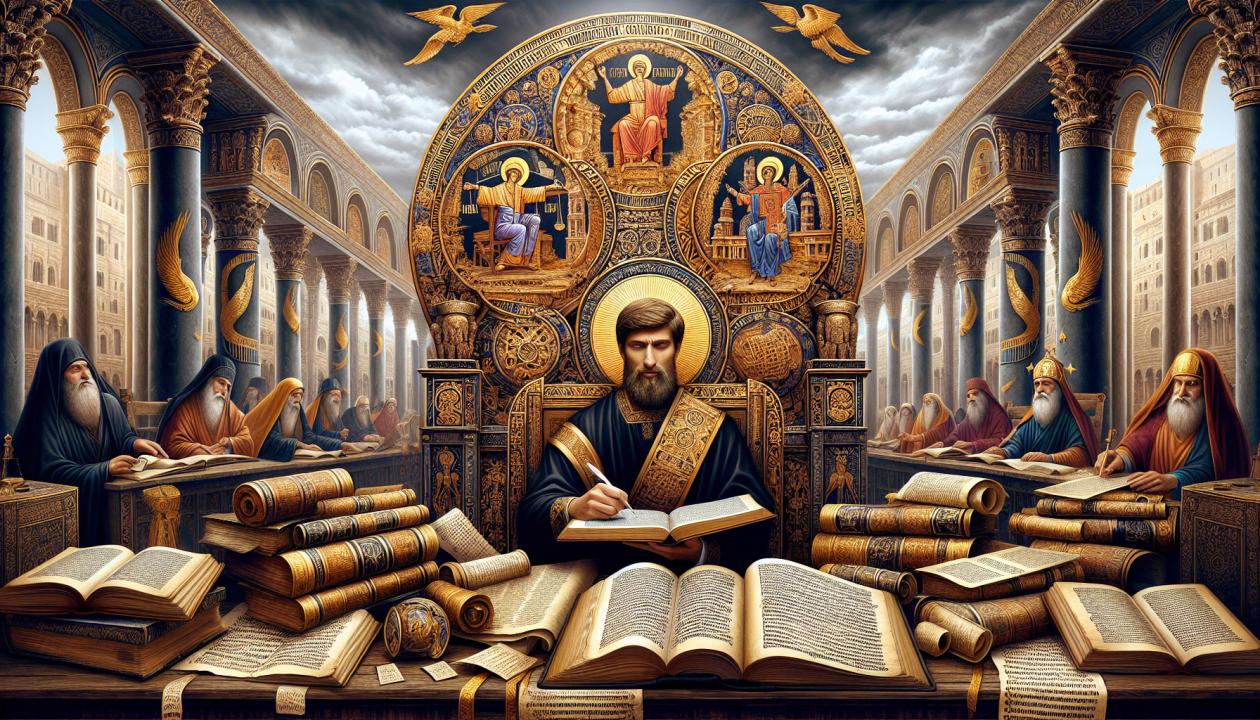 Изображение свода законов Юстиниана, состоящего из древних свитков и книг, на фоне архитектуры Византийской империи, с изображениями юристов, изучающих закон, и средневековыми символами власти.