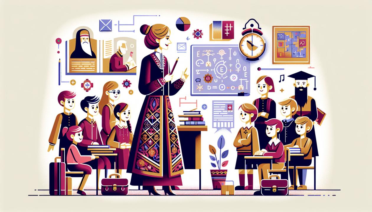 Иллюстрация, изображающая педагога, который взаимодействует с детьми на уроке, в атмосфере сотрудничества и доверия, с элементами, подчеркивающими важность этичности и профессионализма.