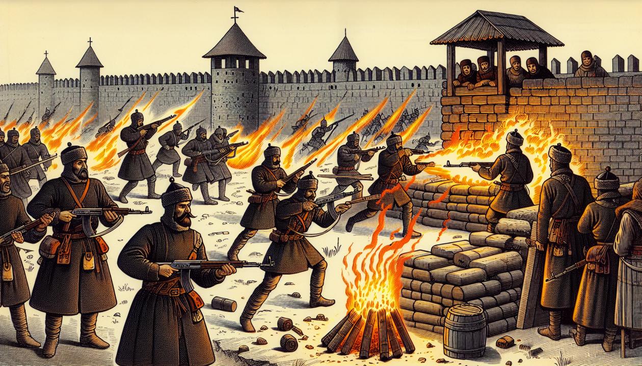 Иллюстрация: Солдаты, вооруженные зажигательным оружием, атакуют военные объекты, средства защиты против огненных атак.