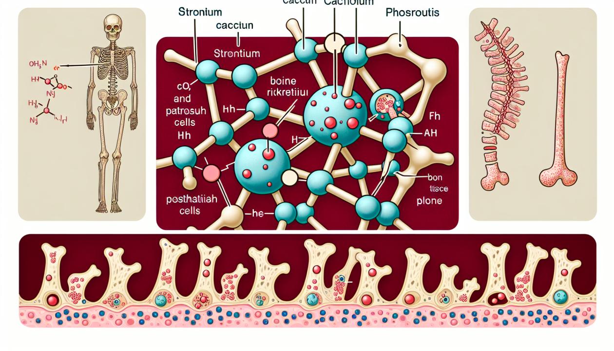 Иллюстрация, показывающая молекулярную структуру стронция, его взаимодействие с кальцием и фосфором в клетках костной ткани, а также визуальное представление деформаций костей при стронциевом рахите.