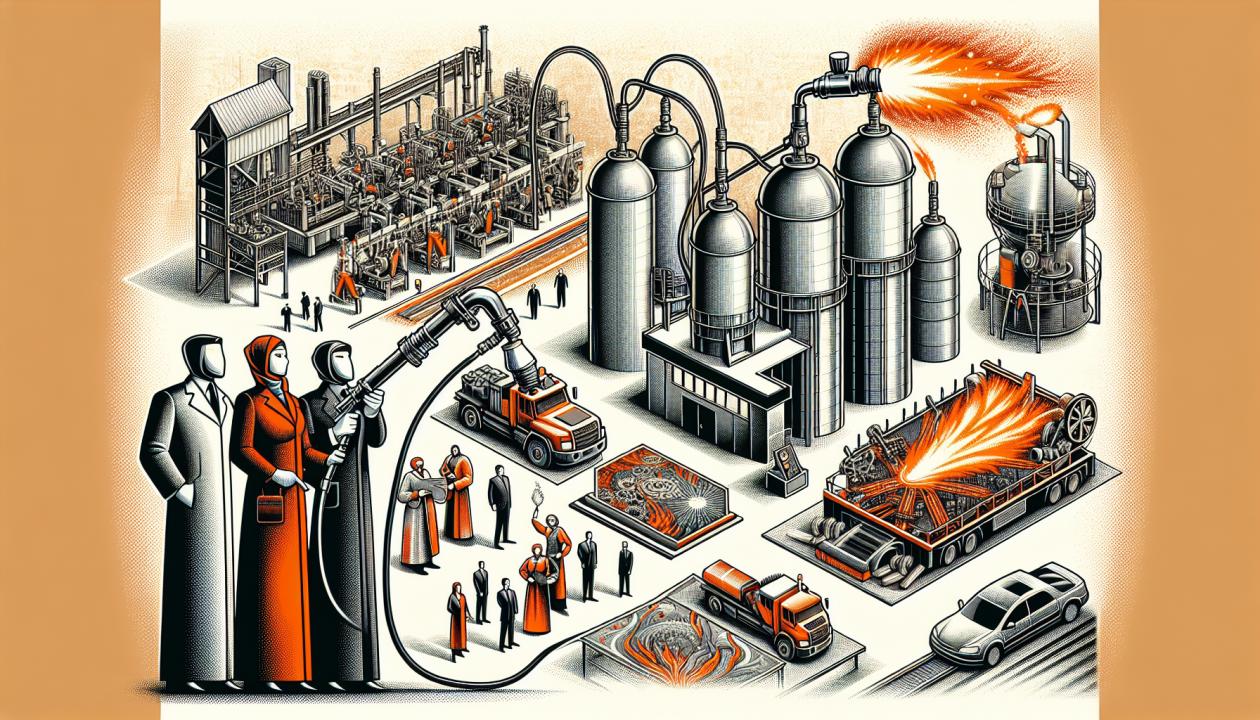 Изображение, на котором показаны различные методы газотермического напыления, включая газопламенное и плазменное напыление. На фоне можно изобразить технологические установки, а также детализированные примеры покрытий на деталях машин и оборудования.