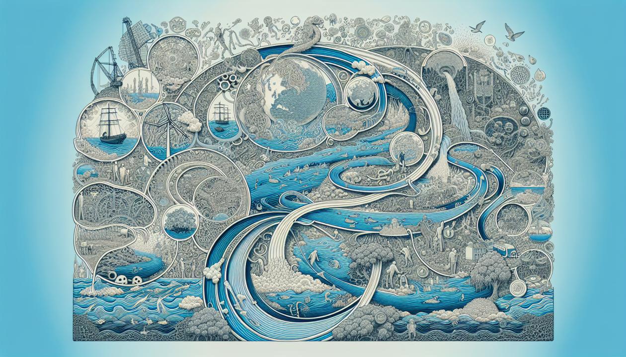 Изображение воды, показывающее различные виды загрязнений и их воздействие на здоровье человека.