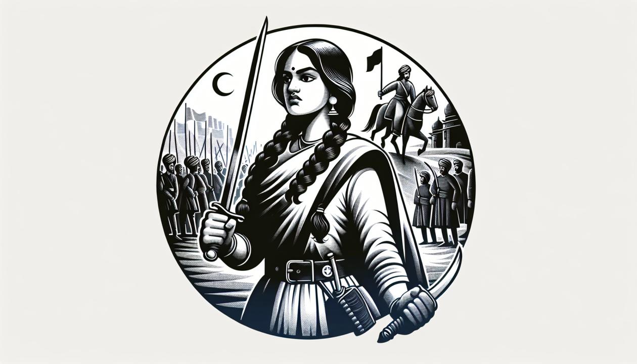 Изображение Лакшми Баи, индийской княгини с мечом в руке, на фоне исторического контекста Сипайского восстания 1857 года, показывающее её решимость и храбрость.