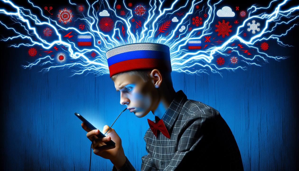 Изображение, показывающее подростка, использующего смартфон, с яркими и темными вспышками на фоне, символизирующими потерю связи с реальностью и снижение когнитивных функций.