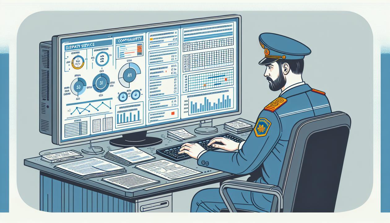 Иллюстрация, изображающая оператора диспетчерской службы за компьютером, анализирующего данные хозяйственной деятельности, с графиками и таблицами на экране.
