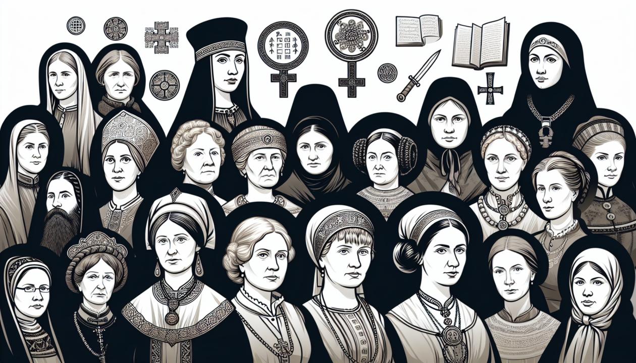Изображение отражающее различных женщин-историков разных эпох, с символами их достижений в фоновом режиме.