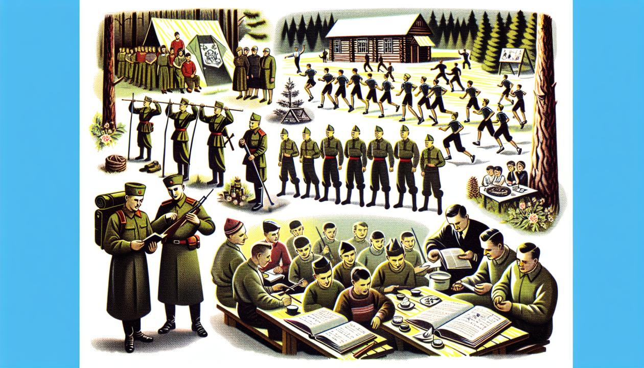 Рисунок лагеря с юнармейцами, занимающимися спортом, обучающимися военно-патриотическим знаниям, взаимодействующими в командной игре.