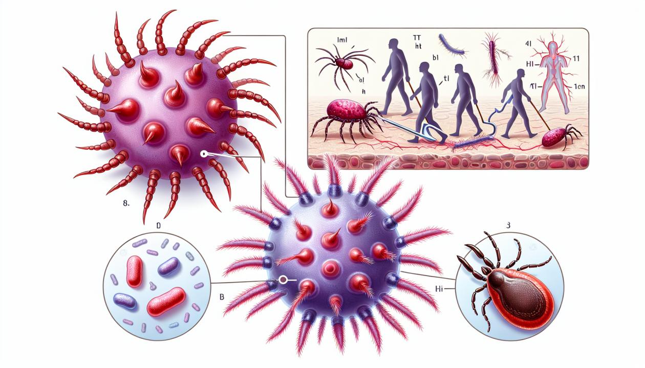 Иллюстрация возвратного тифа с изображением микроорганизма Borrelia miyamotoi и процесса передачи инфекции через укус клеща.