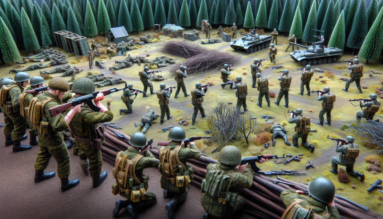 Изображение кадра из боевой подготовки, где группа бойцов выполняет тактические тренировки с использованием оружия в условиях леса. На фоне могут быть видны препятствия, символизирующие боевые условия, и инструктор, который наблюдает за процессом.