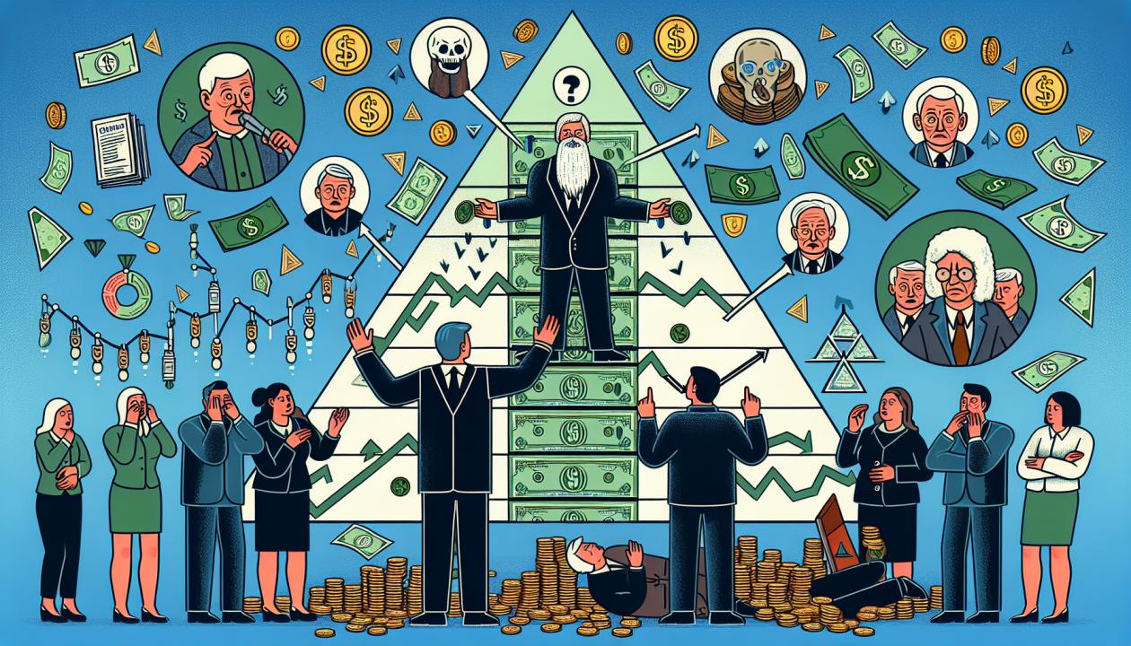 Изображение, иллюстрирующее финансовую пирамиду МММ: Сергей Мавроди, люди, вкладывающие деньги, визуализация схемы пирамиды, символы финансового кризиса, и растерянные вкладчики, в окружении денежных билетов и графиков падения инвестиций.