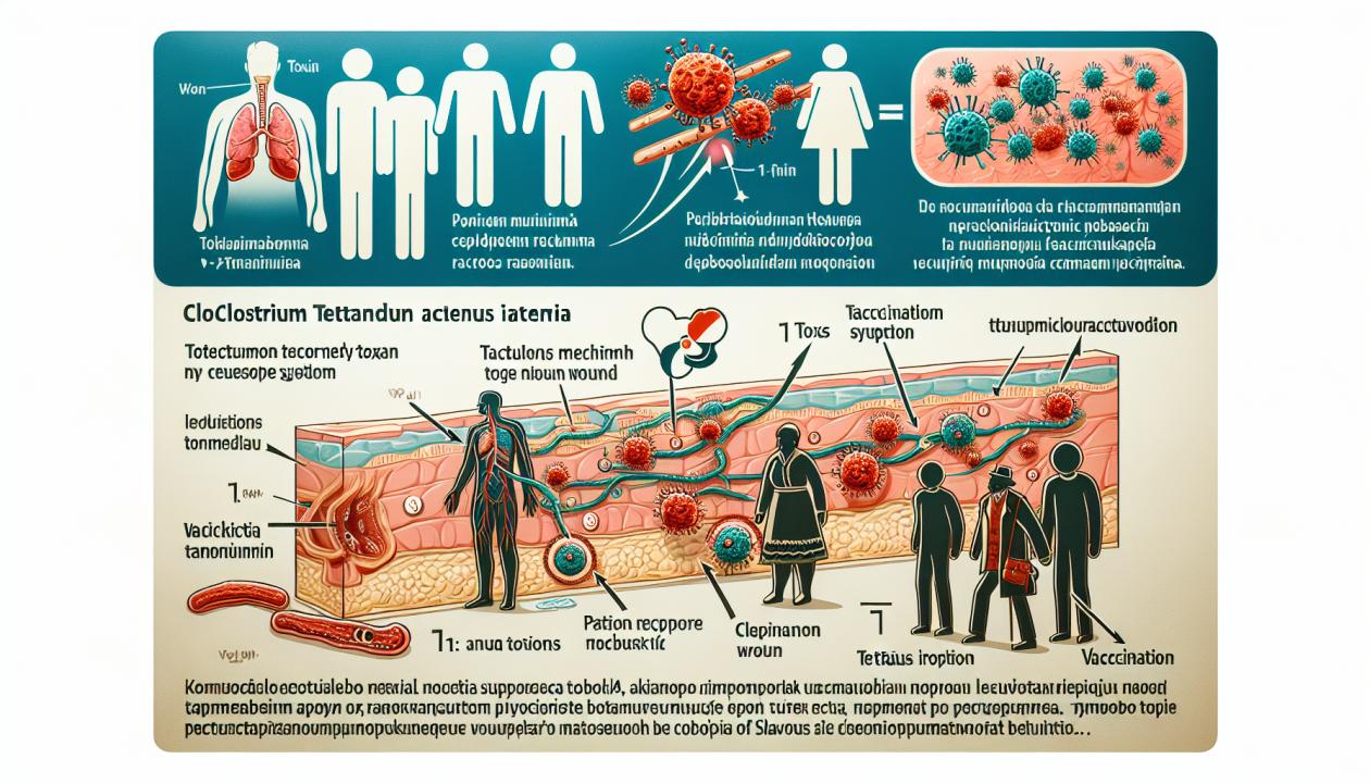 Изображение, иллюстрирующее процесс попадания бактерии Clostridium tetani в организм через раны, демонстрирующее механизм действия токсина и его влияние на нервную систему, а также поддержку лечения столбняка и важность вакцинации.
