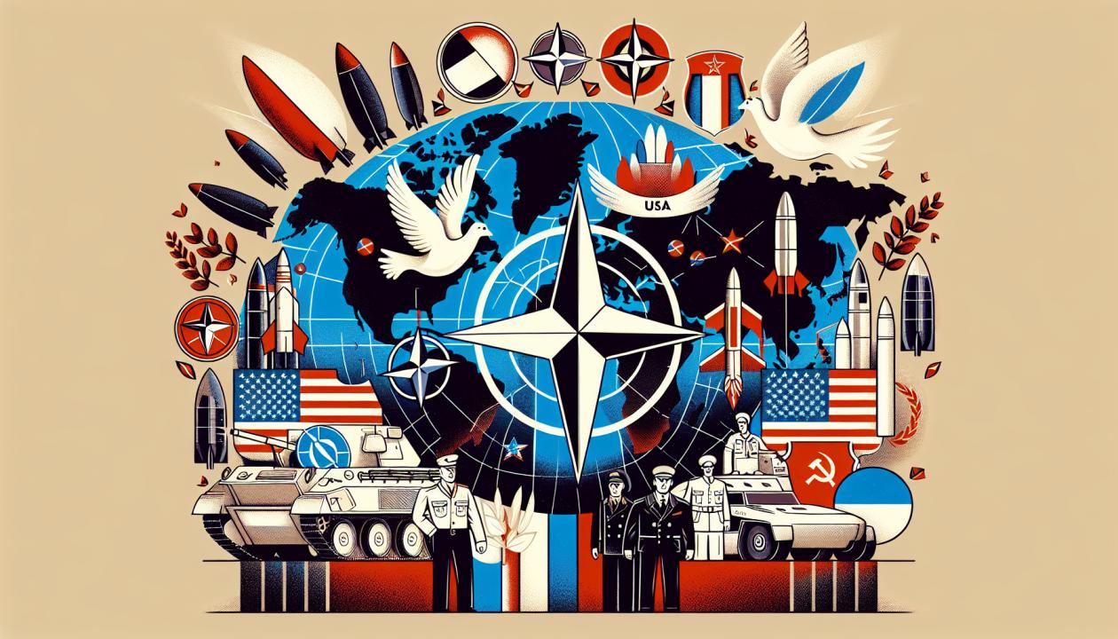 Иллюстрация, изображающая символические элементы Холодной войны: карту мира с напряжёнными отношениями между США и СССР, символы НАТО и Варшавского договора. На заднем плане изображение белых голубей, символизирующих мир, с ракетами и щитами, олицетворяющими военное противостояние.