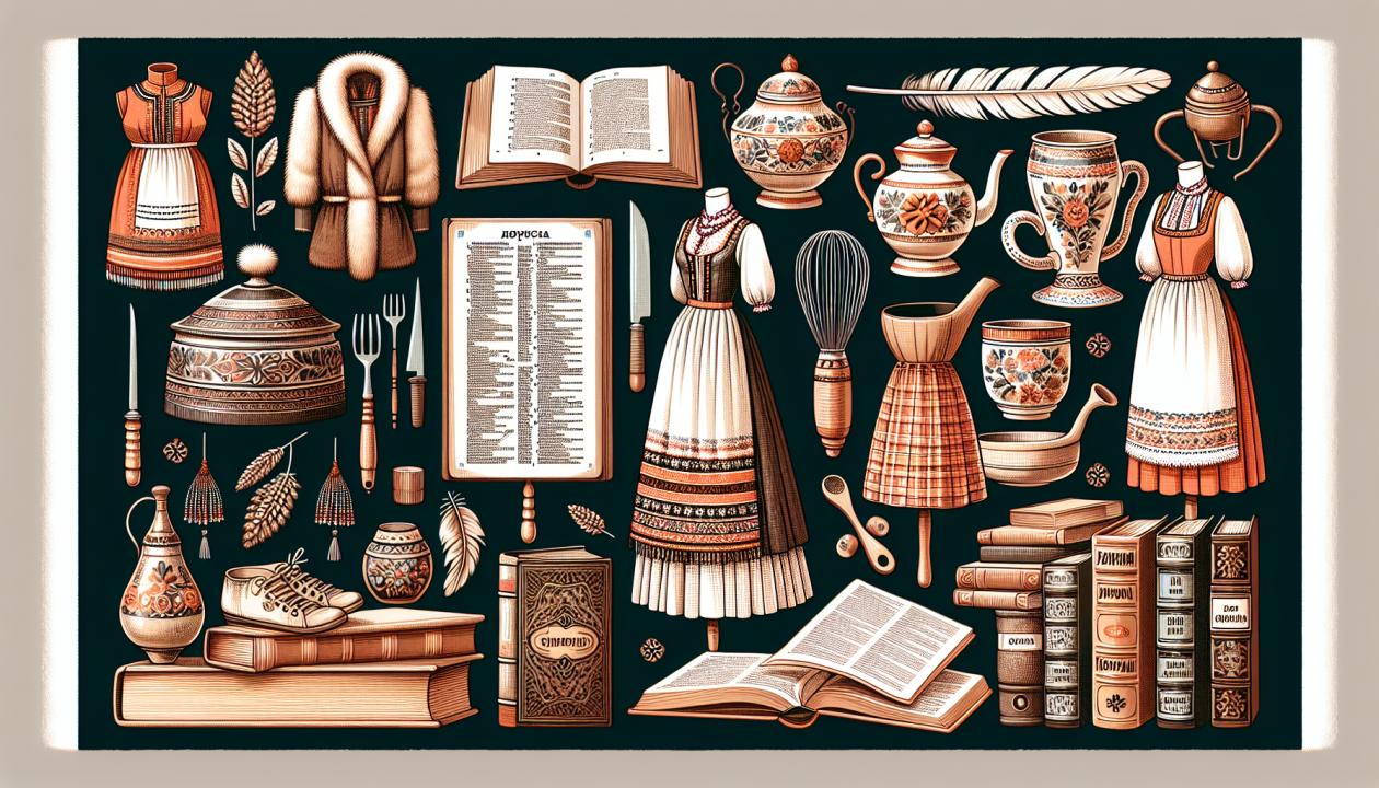Иллюстрация, показывающая традиционные элементы русской культуры (например, народные костюмы, предметы быта) на фоне старинных книг и словарей, символизирующих связь языка и исторического наследия.
