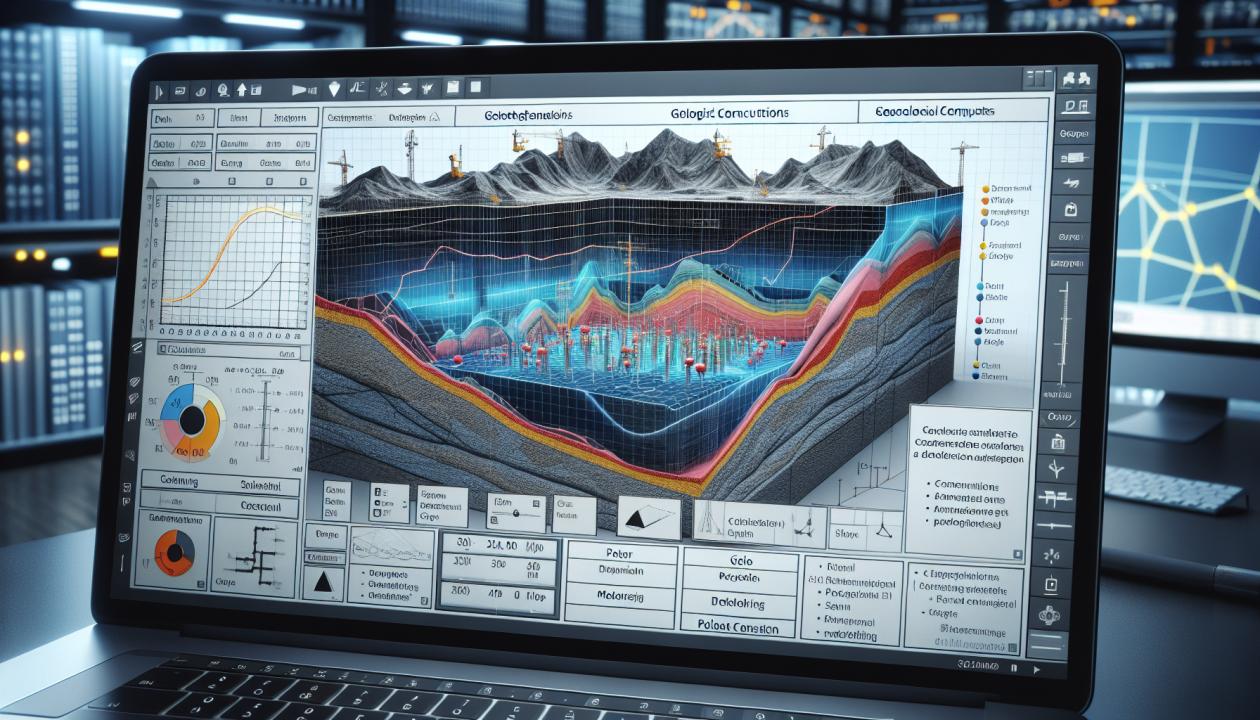 Изображение интерфейса программы PLAXIS 2D на экране компьютера, с графиками геотехнических расчетов и моделированием геологических слоев. На фоне – 3D модель проектируемого объекта с обозначением пилотных конструкций.