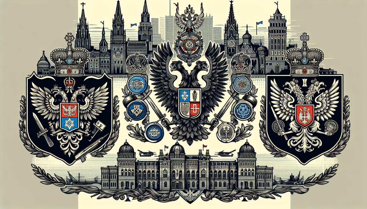 Изображение гербов и символики военных частей ОДОН, в/ч 3111 и в/ч 3179, с фоном, изображающим элементы национальной гвардии России, на фоне Москвы. Гербы должны быть стилизованы, чтобы подчеркнуть их уникальные черты, а изображение должно разниться по цветам, чтобы отразить разные этапы развития и реорганизаций данных подразделений.
