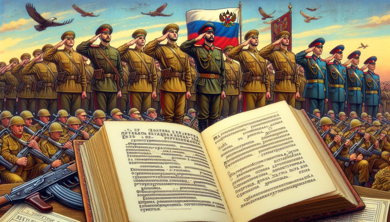 Изображение, иллюстрирующее общевоинские уставы, включает военных на параде, книгу с текстом устава на переднем плане, флаг России на фоне, и солдат, демонстрирующих военные приветствия, чтобы подчеркнуть дисциплину и военную этику.