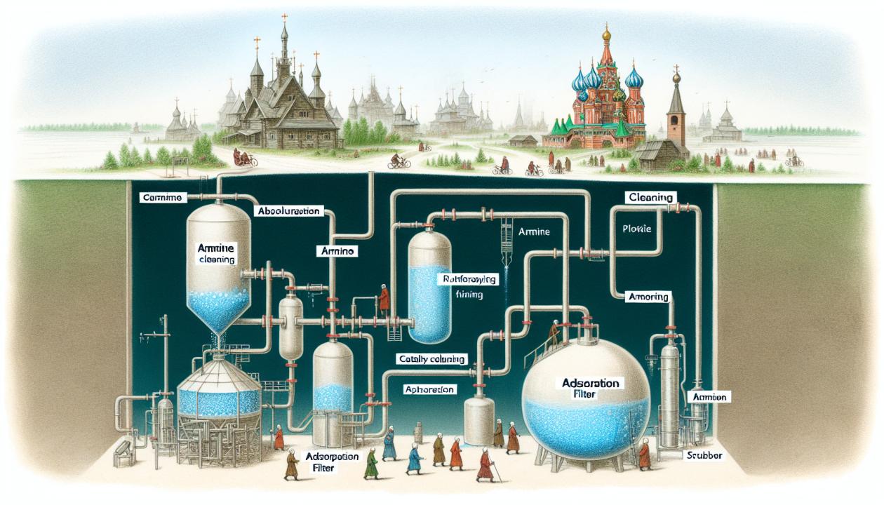 Рекомендуется изобразить процесс очистки газа от сероводорода с использованием абсорбционного метода, аминовой очистки, каталитической очистки, сорбционного фильтра и скрубберов от H2S.