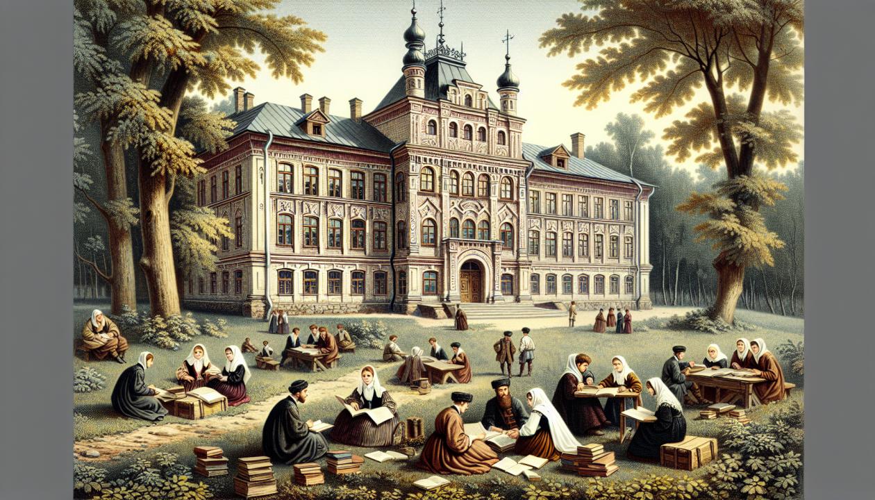 Изображение средневекового университета, с фасадом старинного здания в русском стиле, окруженного природой, студентами в традиционной одежде, которые обсуждают научные работы и читают книги на открытом воздухе.