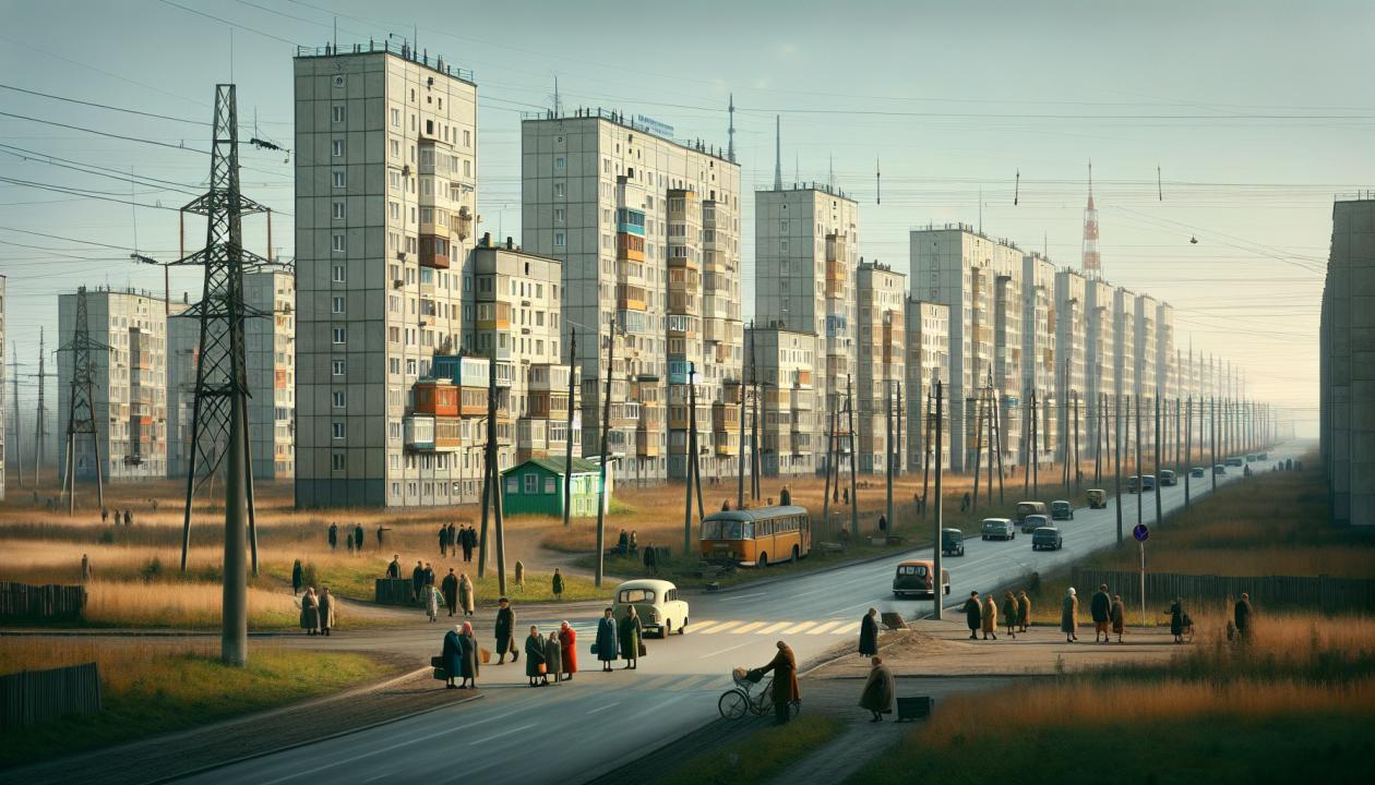 Реконструкция 60-х годов в России, со стандартными панельными домами, дорогами и декоративными элементами архитектуры