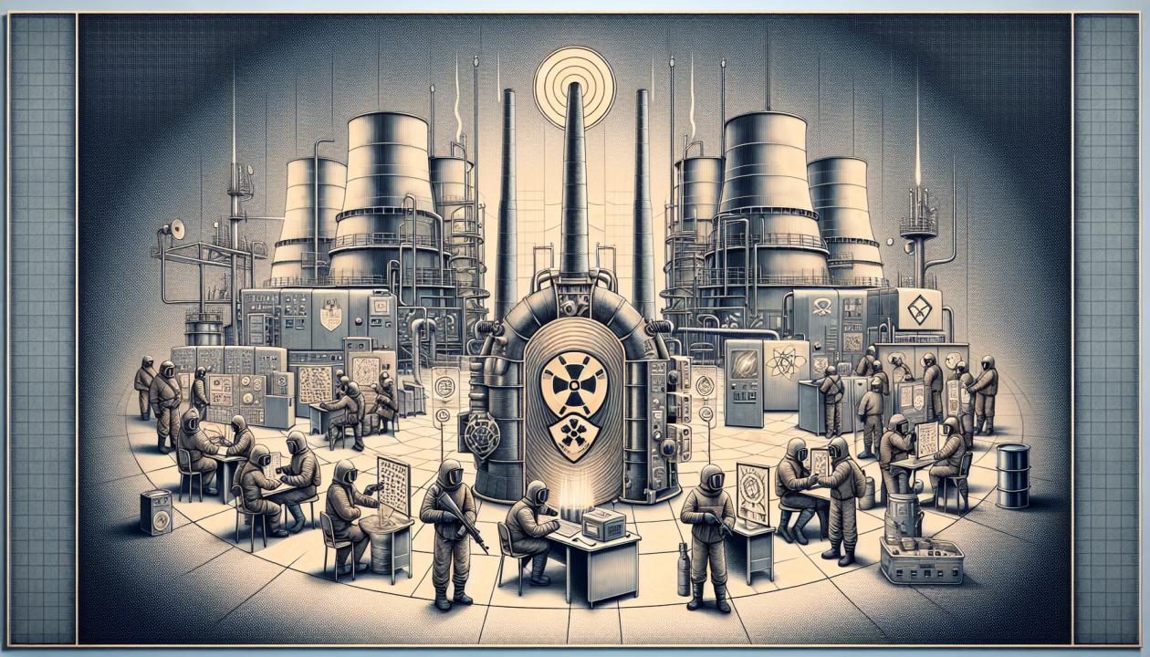 Изображение, представляющее наглядные способы защиты от инфракрасного излучения, включая экранирование источников излучений, использование светофильтров, защитные ширмы и индивидуальные средства защиты, такие как спецодежда и щитки. Фон - промышленное или лабораторное помещение с рабочими, использующими эти защитные меры.