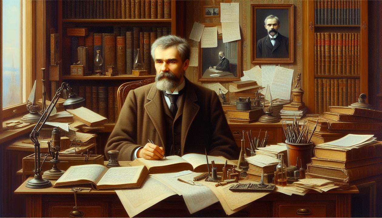 Изображение Александра Романовича Лурии в кабинете, окруженного книгами и документами, с фоном, отражающим атмосферу его времени.