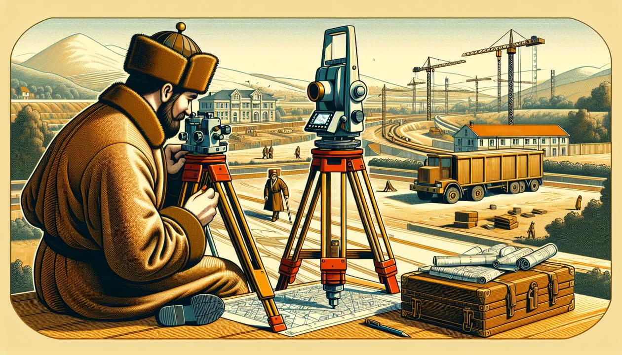 Изображение геодезиста, который проводит измерения с помощью теодолита на строительной площадке. На заднем плане видна современная техника и строительные конструкции, такие как дороги и здания. Также можно изобразить карты и планы местности рядом с геодезистом.