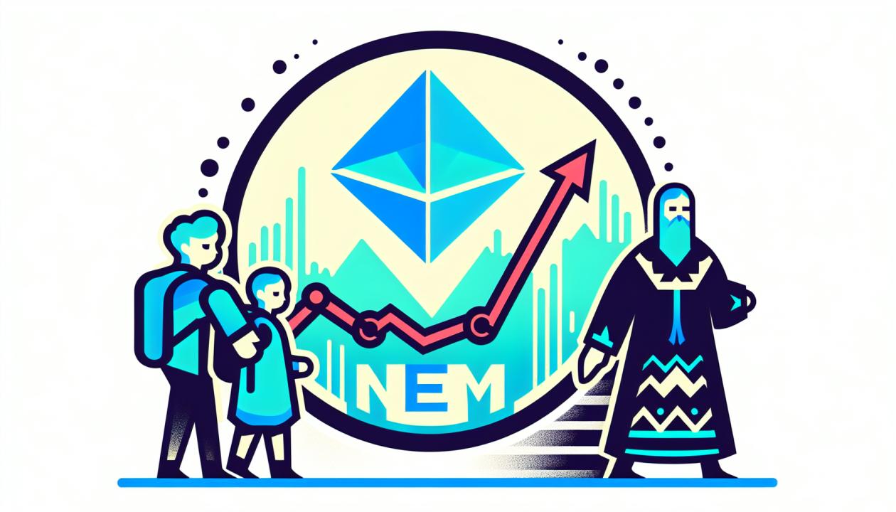 Логотип криптовалюты NEM (XEM) и график ее изменения цены на протяжении определенного периода времени.