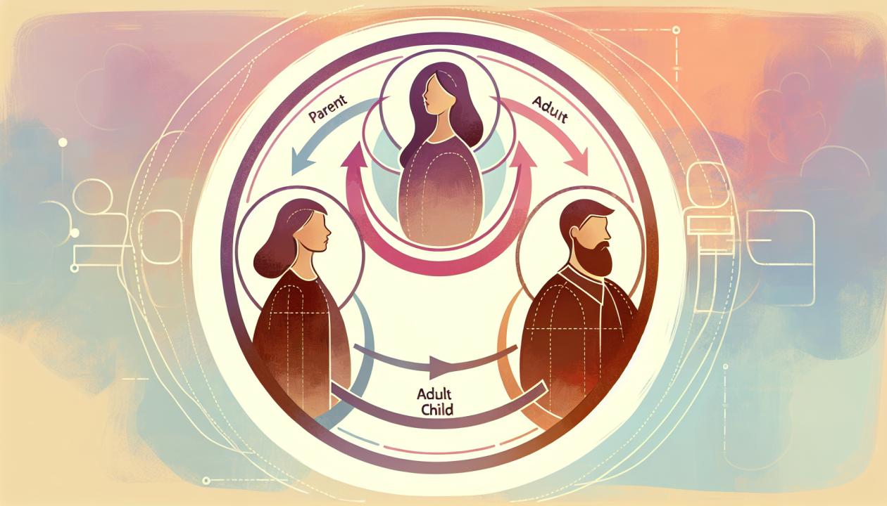 Изображение, иллюстрирующее концепцию транзактного анализа: три фигуры, представляющие различные состояния личности (Родитель, Взрослый, Ребенок), расположенные в круге, символизирующем циклы общения и взаимодействия. Фон можно сделать абстрактным, с мягкими цветами, чтобы подчеркнуть психологическую тематику.