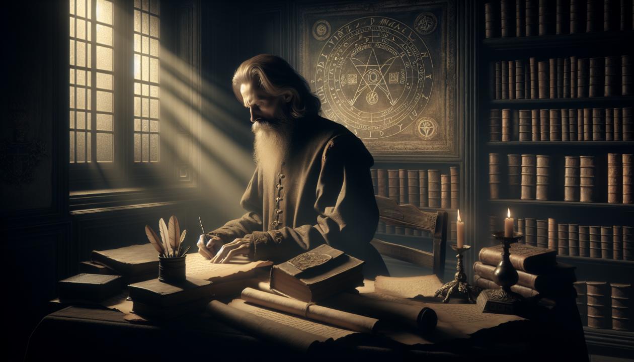 Изображение Бенедикта Спинозы, сидящего в уединённой библиотеке с книгами и свитками вокруг. Он задумчиво пишет на пергаменте, а свет из окна освещает его лицо, создавая атмосферу мудрости и глубоких размышлений. На заднем плане видны символы пантеизма и материализма, которые олицетворяют его философские идеи.