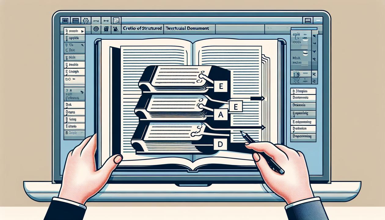 Изображение, иллюстрирующее создание структурированных текстовых документов, включая текстовый редактор с открытым документом, где показаны табуляционные отступы и форматы оформления. Используйте элементы графики, чтобы представить процесс настройки документа, с визуализацией структуры текста.