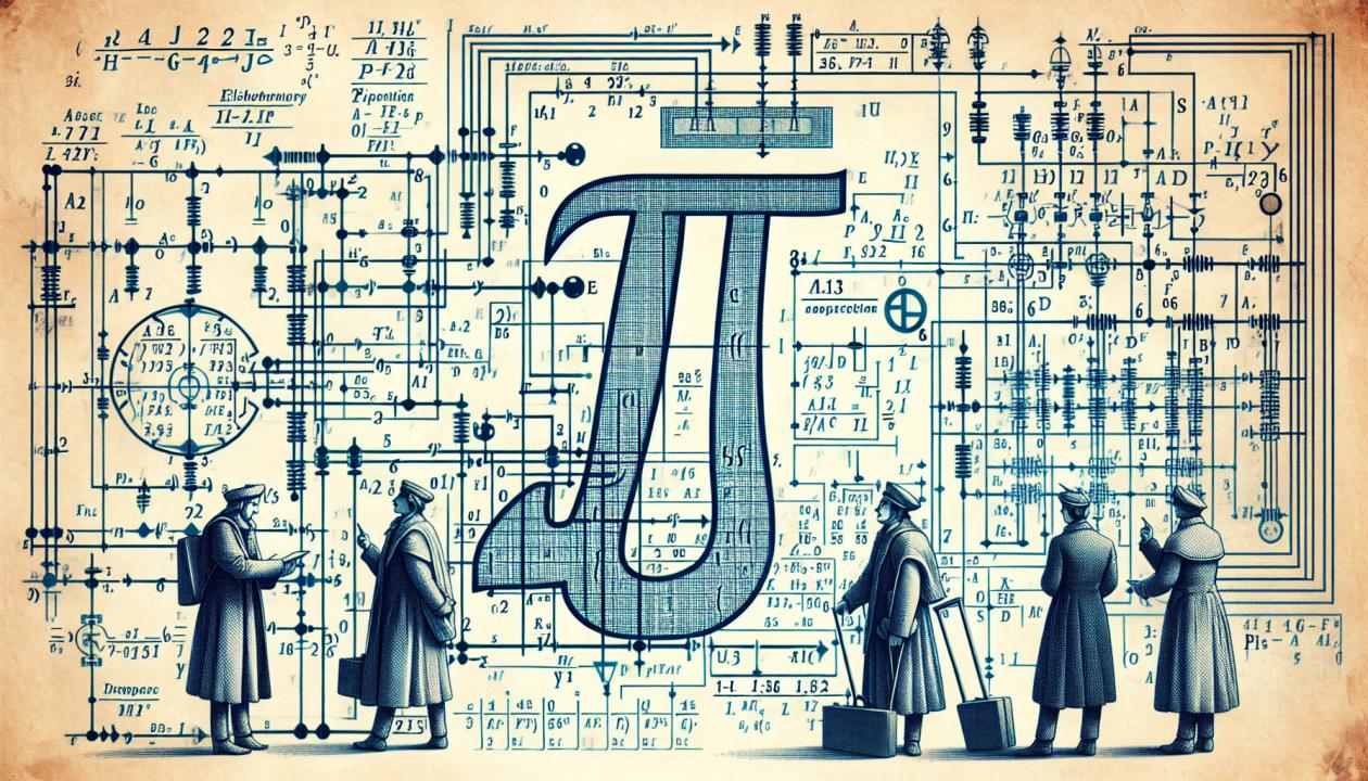 Иллюстрация, изображающая вычисления электрических систем с использованием числа π, на фоне схемы электрической сети.