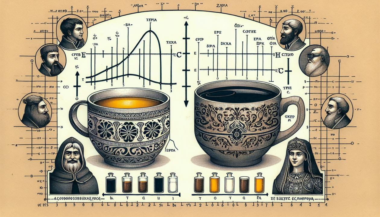 Иллюстрация с двумя чашками - одна с чаем, другая с кофе, окруженными научными измерениями и графиками