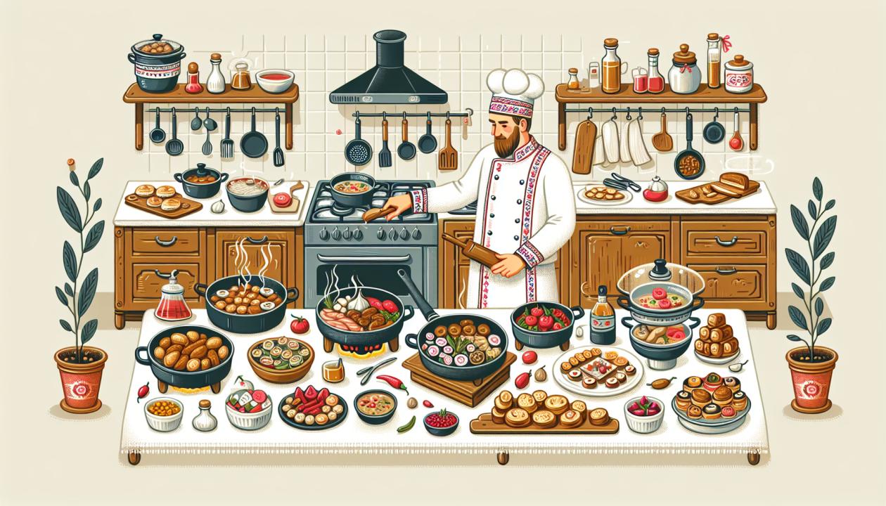 Кулинарный процесс: повар на кухне, готовящий горячие закуски, с разнообразными ингредиентами и посудой вокруг, процесс оформлен в виде фуршетного стола с горячими закусками и угощениями.