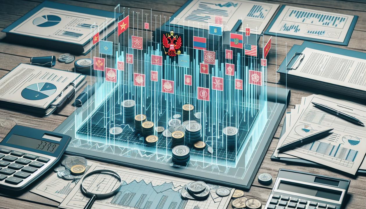 Изображение: график экономических показателей, финансовые документы, символы государственного регулирования.