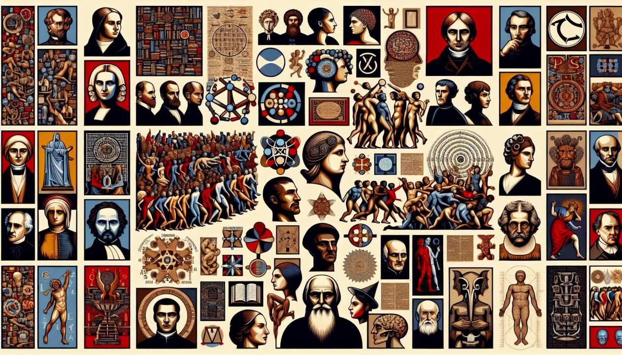 Различные философские и социологические труды, символизирующие разнообразие концепций развития общества.