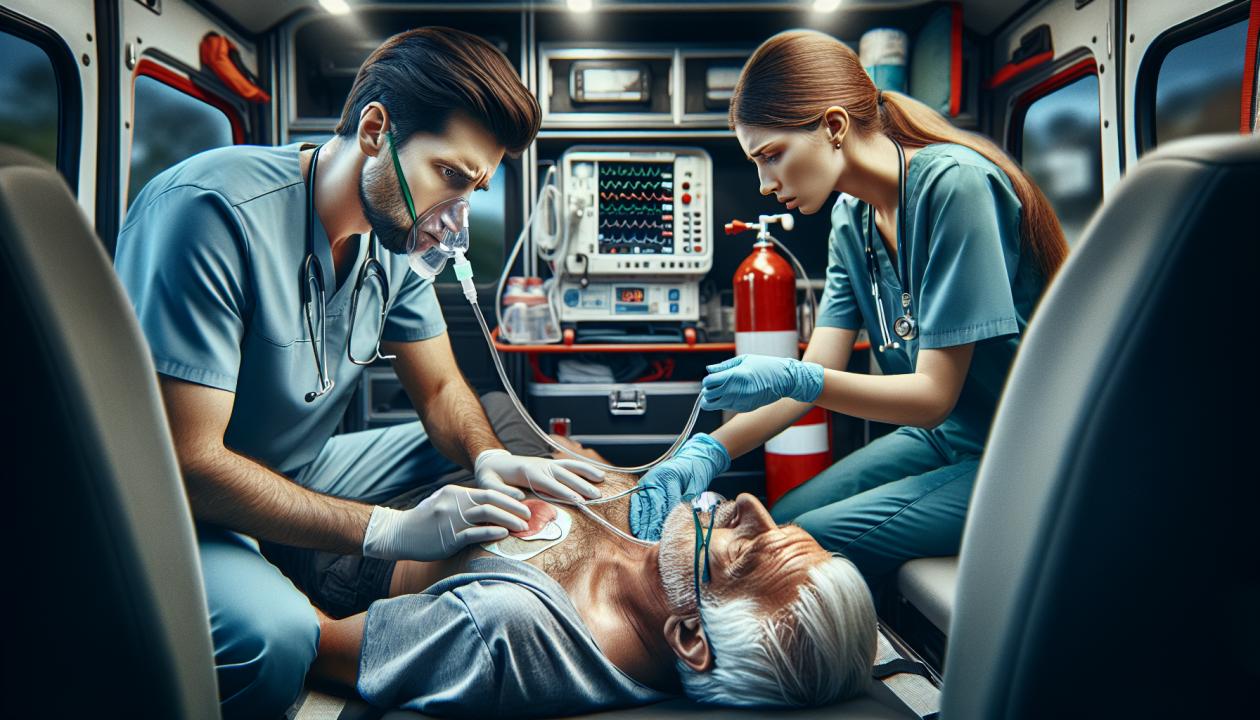 Изображение, иллюстрирующее экстренный случай: два медицинских работника оказывают первую помощь пациенту с отеком легких. Пациент находится в сидячем положении, на лицах медиков сосредоточенность. Внутри машины Скорой помощи видно медицинское оборудование, такой как кислородный баллон и монитор для контроля состояния пациента. Обстановка демонстрирует напряженность и срочность ситуации.