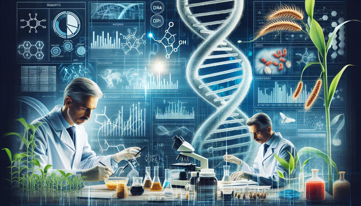 Изображение, показывающее процесс генной инженерии, где учёные работают в лаборатории, редактируя ДНК растений и микроорганизмов. На заднем плане должны быть видны оборудования, графики и результаты исследований, связанные с улучшением пищевых продуктов.