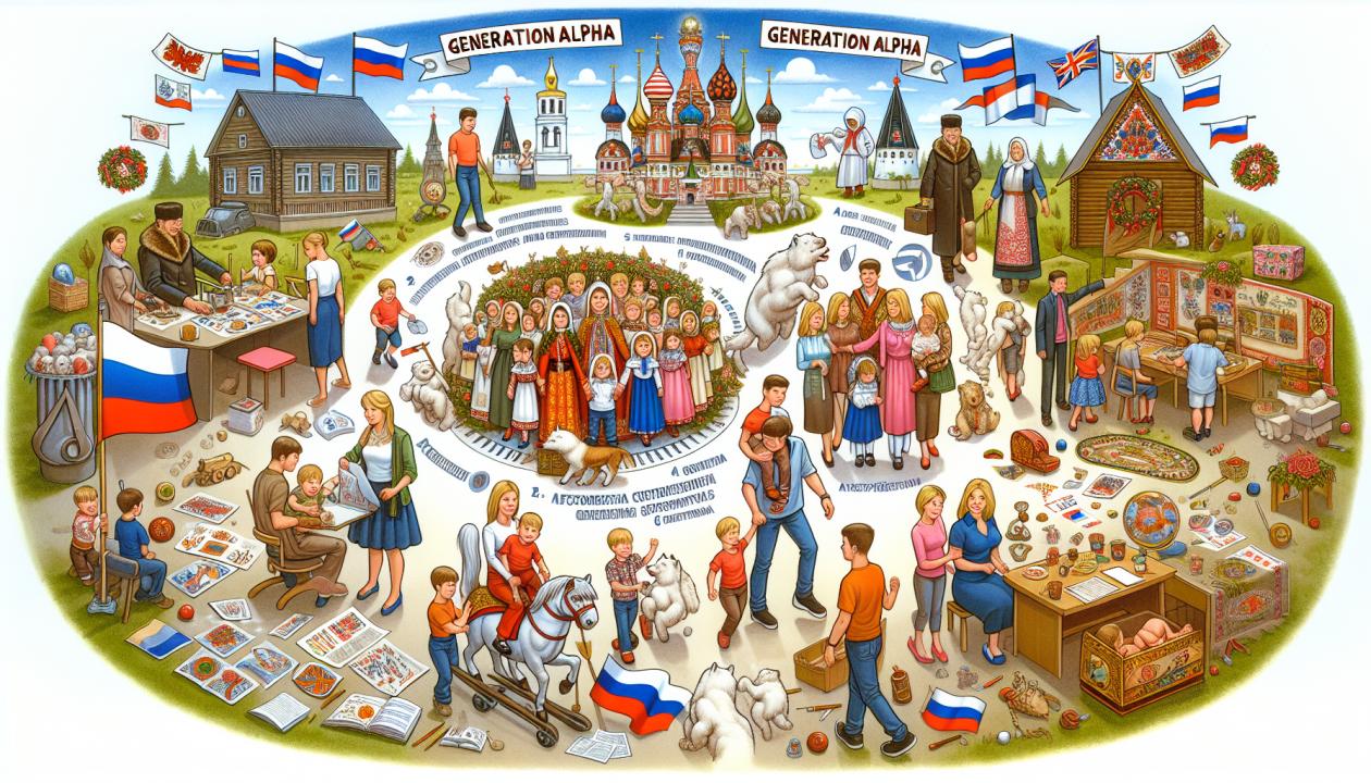 Изображение, иллюстрирующее патриотическое воспитание детей поколения Альфа. На картине могут быть изображены дети, участвующие в проектной деятельности, общающиеся друг с другом и взрослыми, изучающие культуру своей страны. В окружении должны быть элементы, символизирующие различные аспекты культуры и истории России, такие как флаги, народные костюмы и традиционные игрушки.