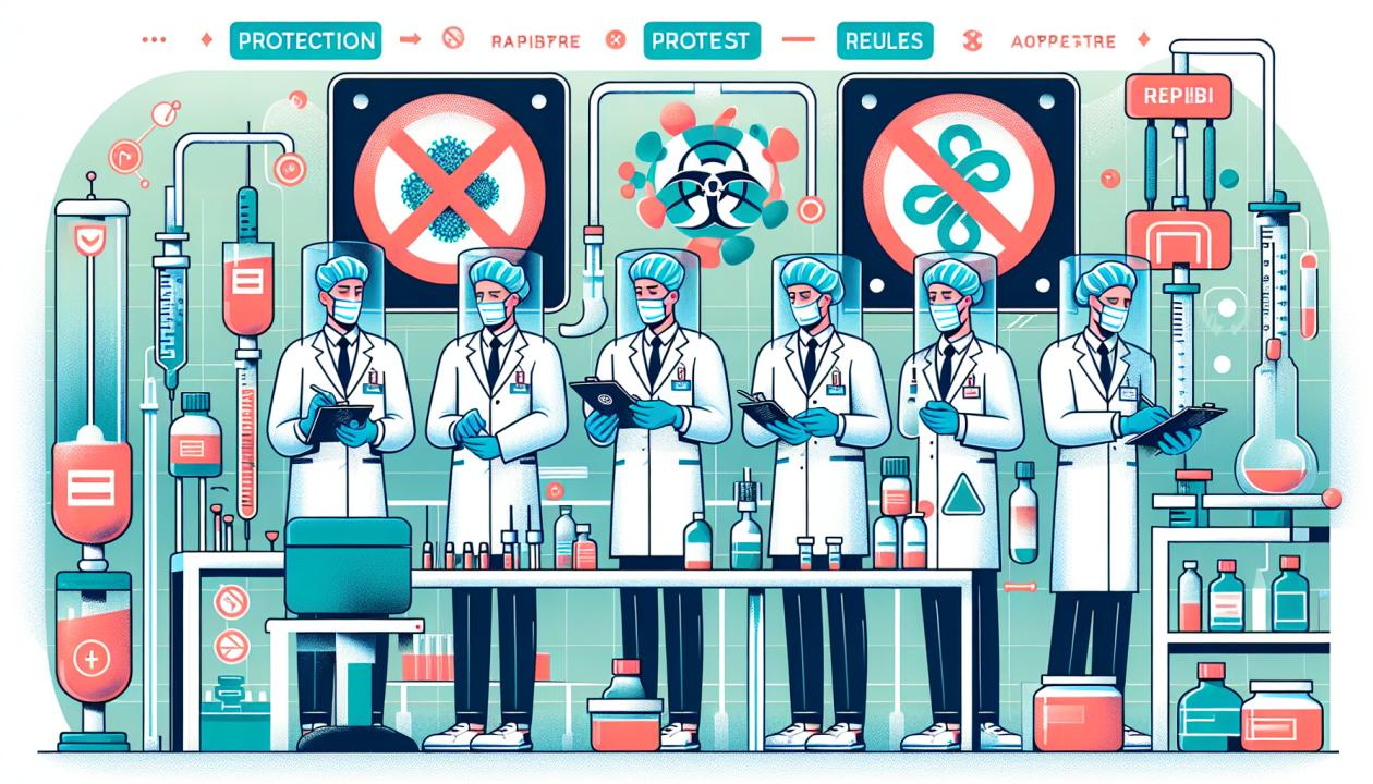 Иллюстрация, показывающая работников фармацевтической фирмы в защищенной зоне с элементами медицинского оборудования и соблюдением правил охраны труда.