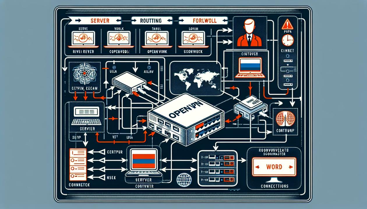 Схематическое изображение настройки VPN-сервера, включающее сервер OpenVPN, маршрутизацию, фаервол, подключение клиентов и трафик данных.