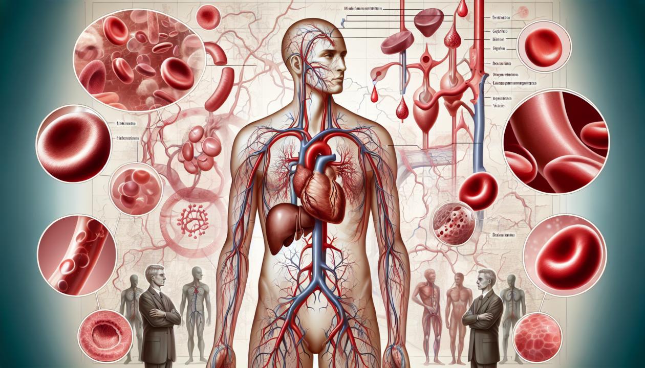 Иллюстрация сердечно-сосудистой системы, показывающая сердце, артерии, вены и капилляры, а также основные органы, к которым она обеспечивает кровообращение. На фоне сердечно-сосудистой сети можно изображать поток крови и обмен веществ между клетками, с акцентом на большой и малый круги кровообращения.