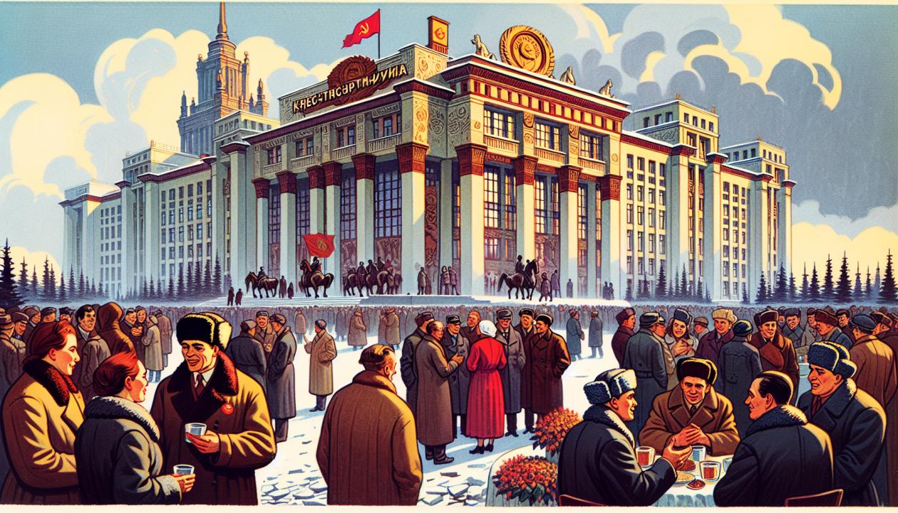 Иллюстрация, изображающая атмосферу времени Оттепели в СССР: люди на фоне хрущевских зданий, обсуждающие реформы, культурные мероприятия и социальное единство.