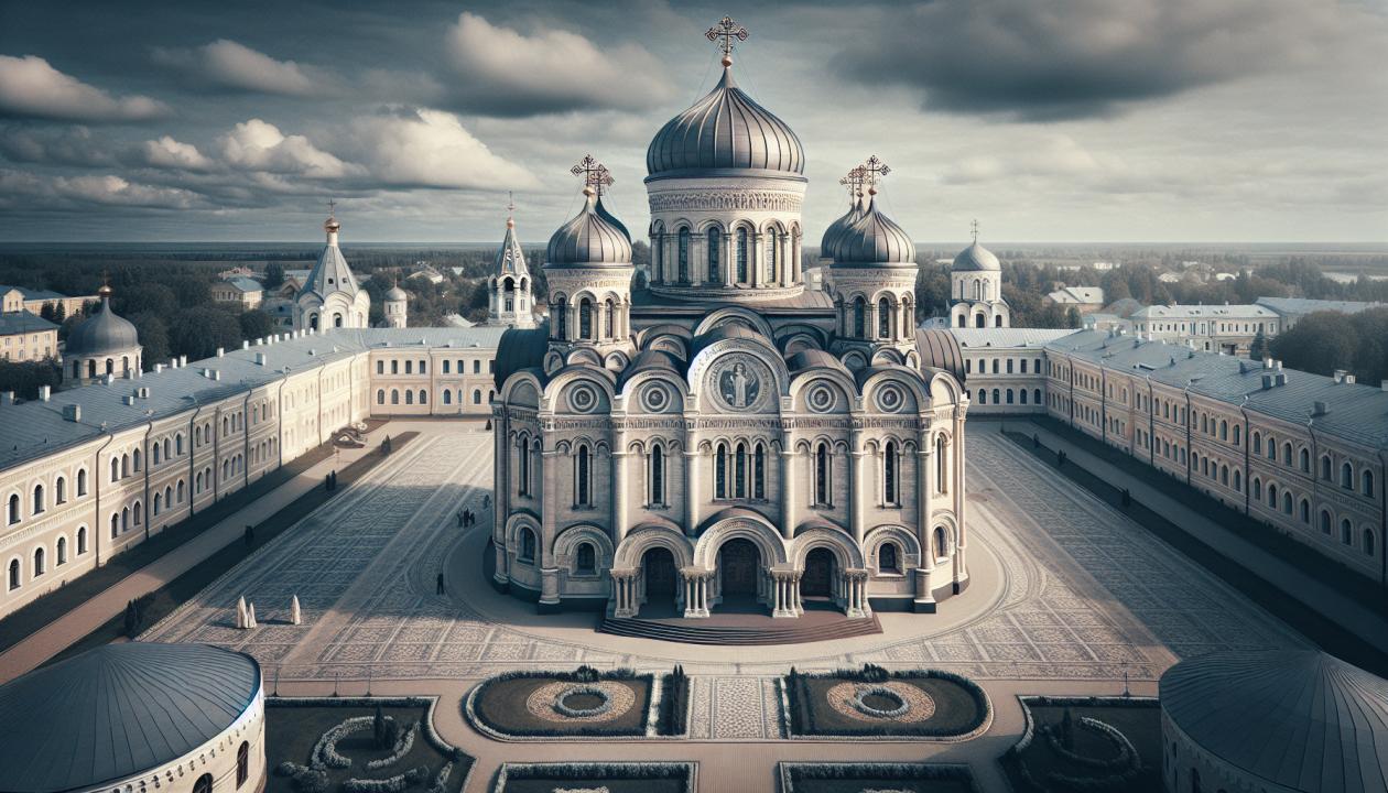 Изображение Спасского собора Спасо-Андроникова монастыря, демонстрирующее его архитектурные особенности, крестово-купольную форму и окружающий монастырский комплекс, с акцентом на историческую атмосферу и детали фасада.