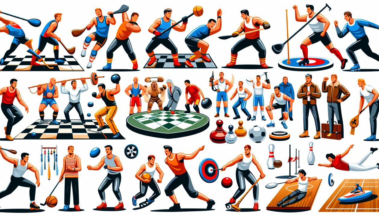 Разнообразные изображения различных видов спорта включая мас-рестлинг, квиддич, сквош, шахбокс, керлинг, пилонный спорт, роллер-дерби, флейнг диск, стрельбу по кеглям и другие.