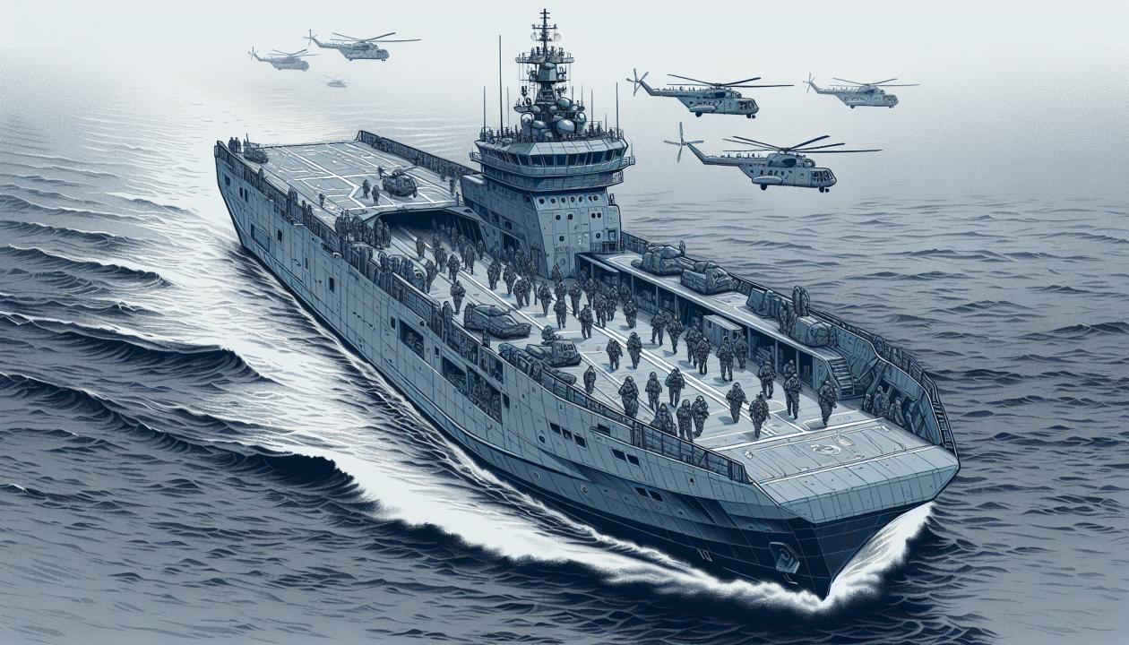 Иллюстрация большого десантного корабля проекта 1174 "Иван Рогов" в открытом море, оснащенного вооружением, с десантом на борту и вертолетами на палубе. Корабль выполнен в серо-голубых тонах, с четкими линиями корпуса и деталями, подчеркивающими его военно-морское назначение.