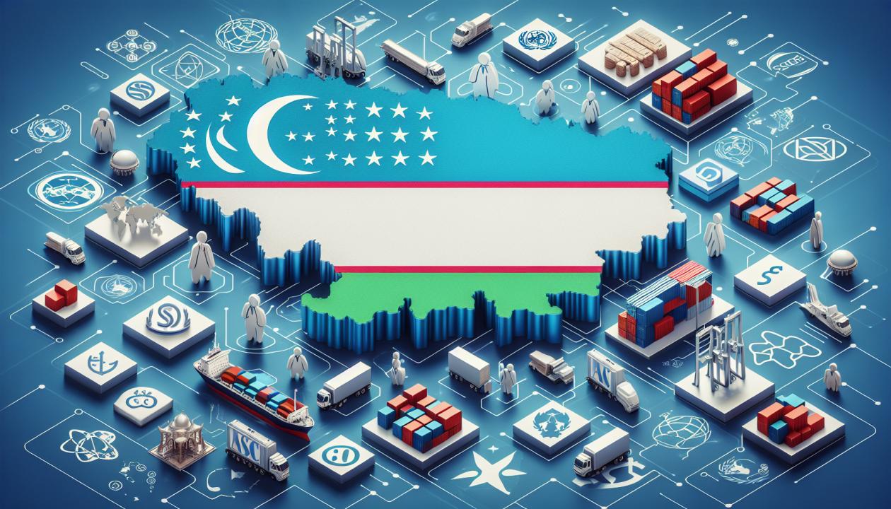 Иллюстрация карты Узбекистана с символами международных организаций, таких как ШОС, наложенными на нее, рядом с изображениями контейнеров и товарных потоков, символизирующих торговлю и экономические связи. Фон - флаг Узбекистана.