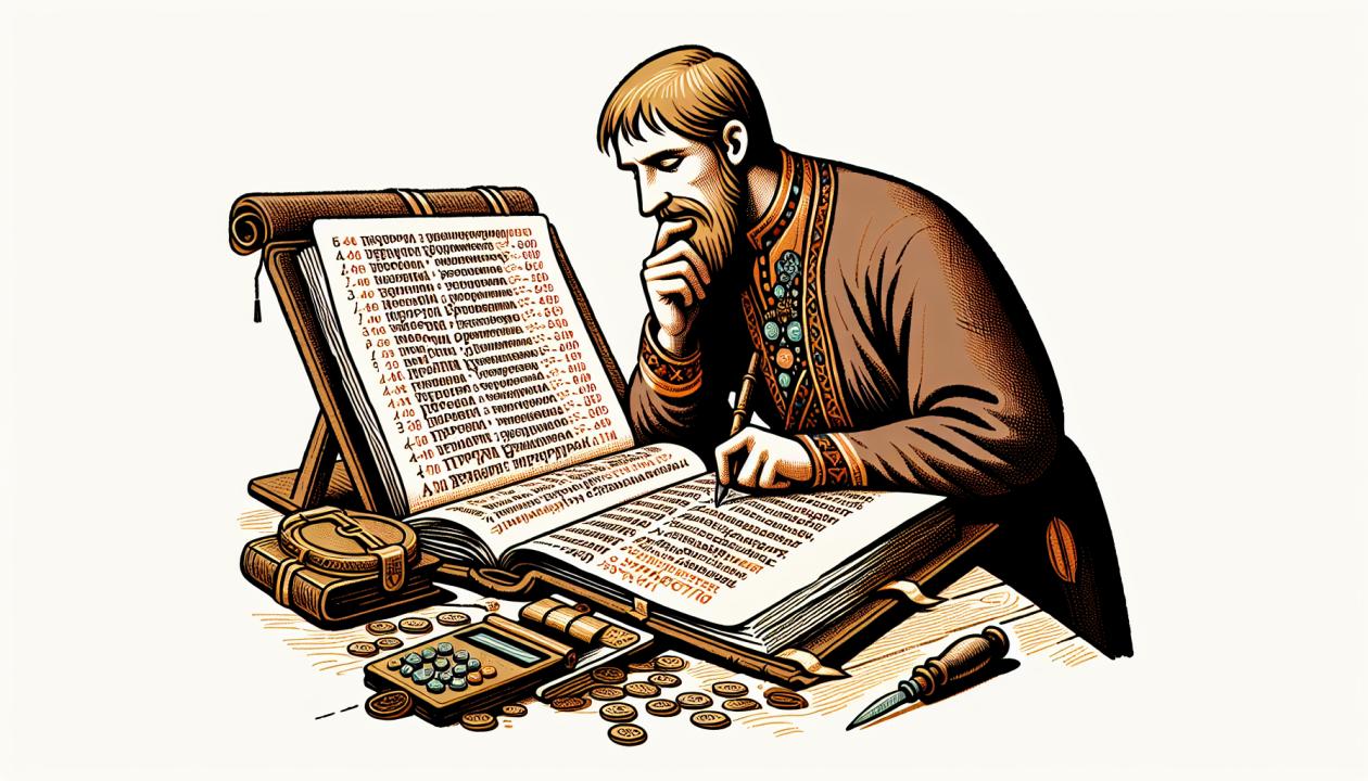 Иллюстрация показывает человека, который изучает записи о снах в блокноте, сосредоточенно анализируя их содержание.