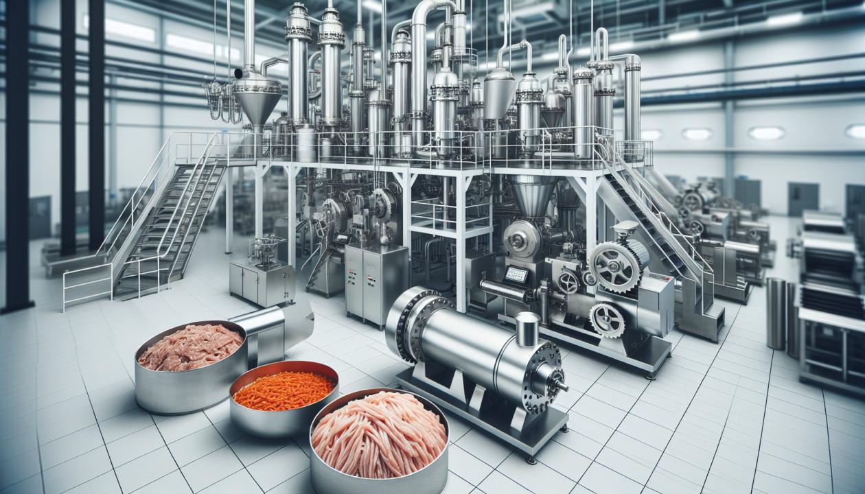 Изображение современного оборудования для переработки субпродуктов, включая мясорубки, котлы и экструдеры, на фоне производственного процесса, с акцентом на чистоту и эффективность работы.