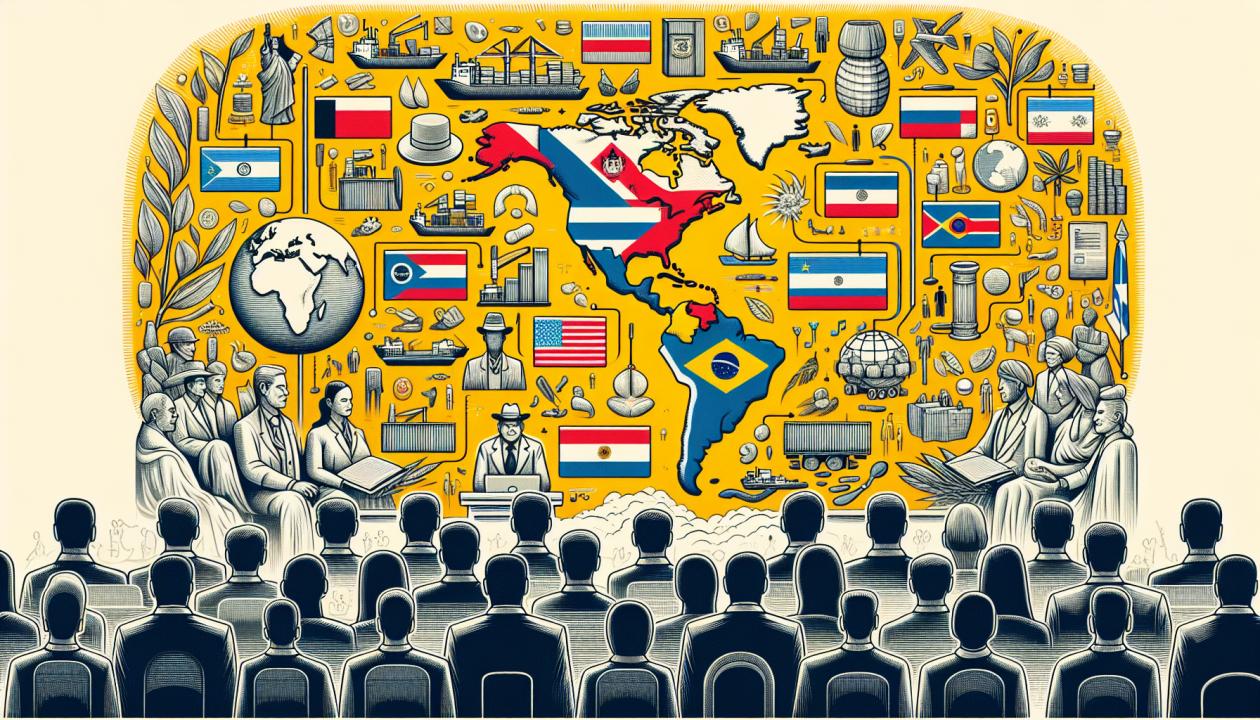 Изображение карты Латинской Америки с выделенными членами Латиноамериканской ассоциации интеграции, на фоне символических изображений экономического сотрудничества, таких как товары, торговые контейнеры и флаги стран-участниц.