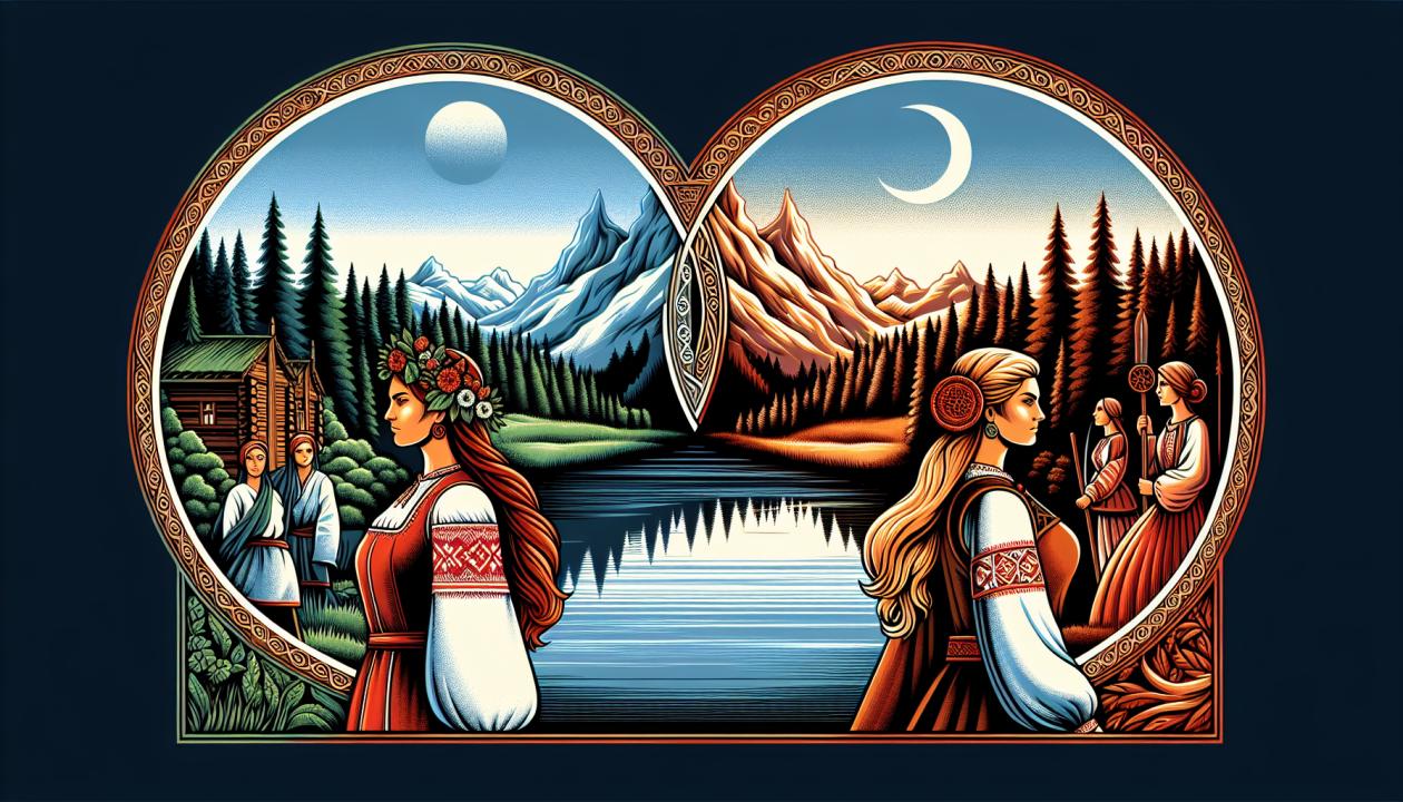 Иллюстрация, изображающая Ольгу Ильинскую и Агафью Пшеницыну на фоне пейзажей, которые символизируют их внутренние миры и характеры.